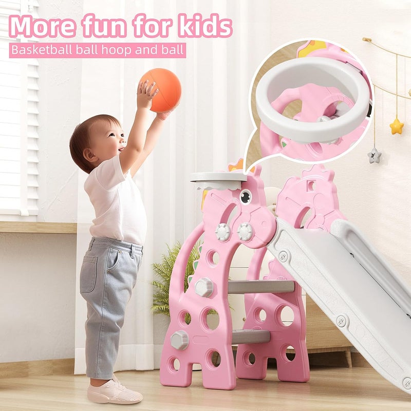 67i Toddler Slide for Indoor & Outdoor Play with Basketball Hoop, Anti-Slip Steps, 46.8in Baby Climber (Pink) - Image 2